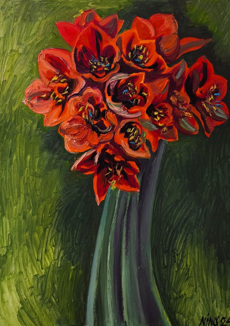 Oil painting Amaryllis Nina L: Title: Oil painting Amaryllis Nina L Description: 63Lt Painter: Nina L. Size: 70x50 cm/ 27.55x19.68 inches Components: oil, canvas Original paintingCONDITION: exellent ERA: 2024ARTIST: She was born