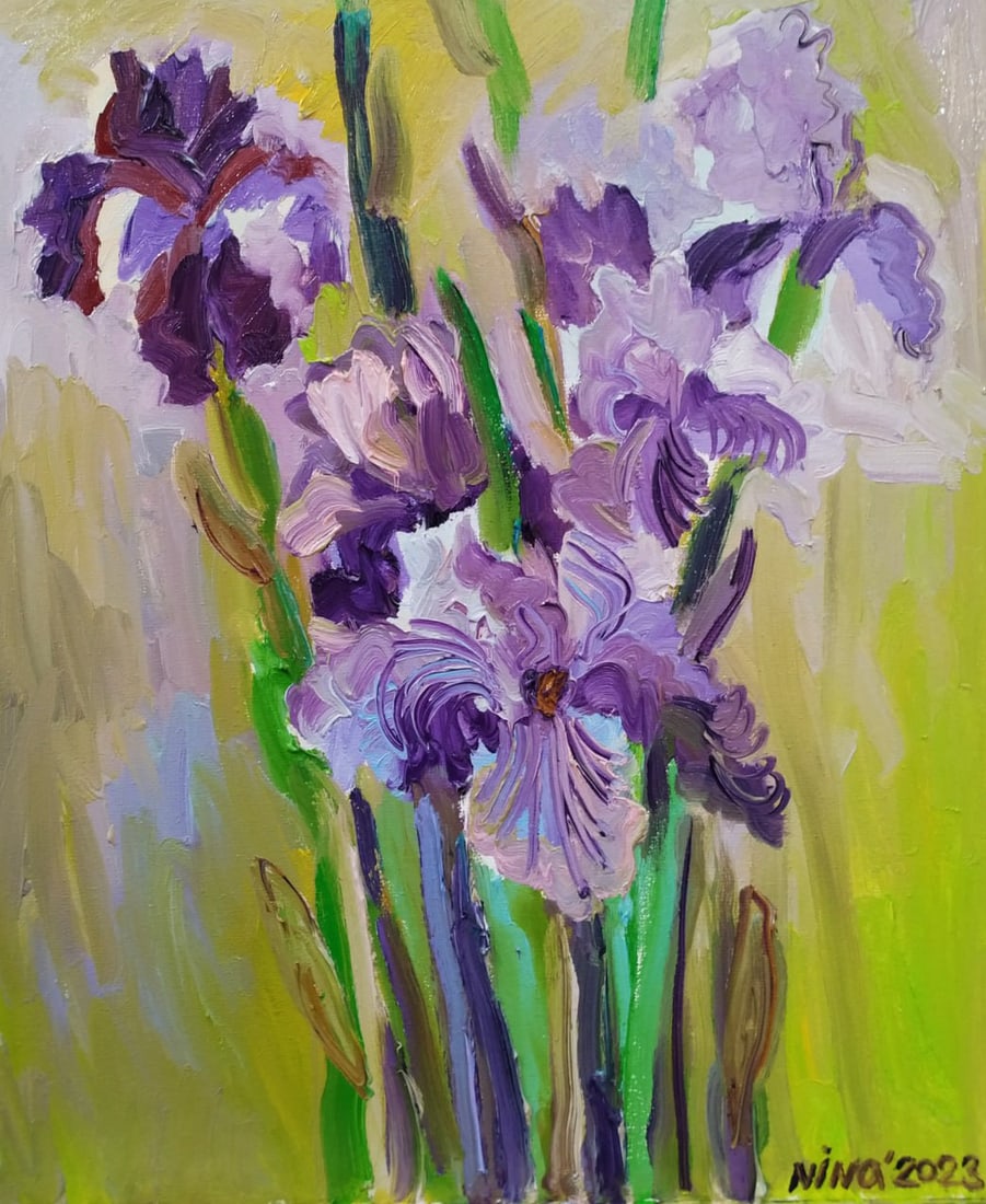Oil painting Irises Nina L: Title: Oil painting Irises Nina L Description: 84Lt Painter: Nina L. Size: 60x50 cm/ 23.62x19.68 inches Components: oil, canvas Original paintingCONDITION: exellent ERA: 2023ARTIST: She was born on No