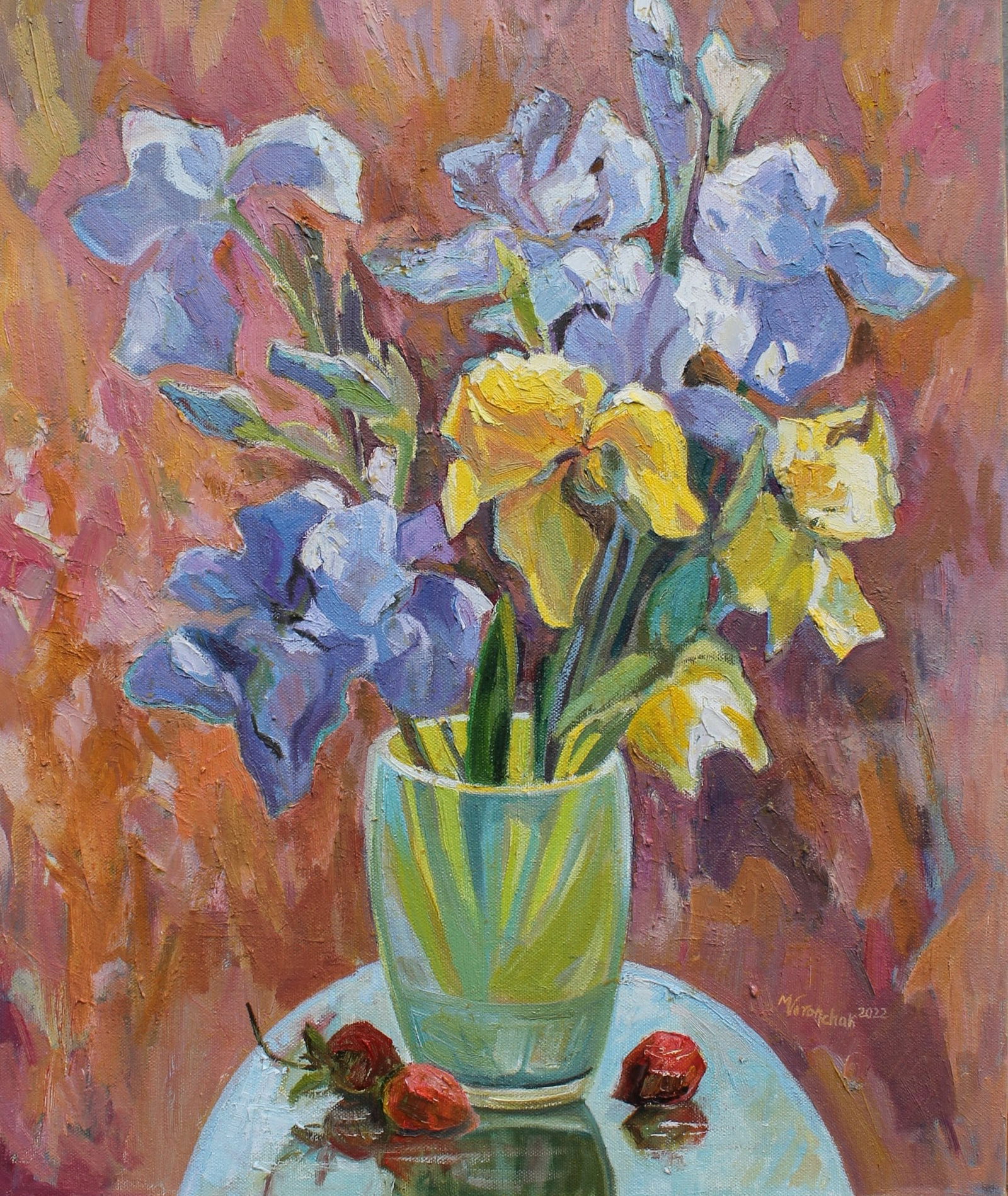 Oil painting Irises Maria Voloschak: Title: Oil painting Irises Maria Voloschak Description: 08Vor Painter: Maria Voloschak Size: 60x50 cm/23,62x19,68 inches Components: oil, canvas Original painting from our collection ERA: 2022Short in