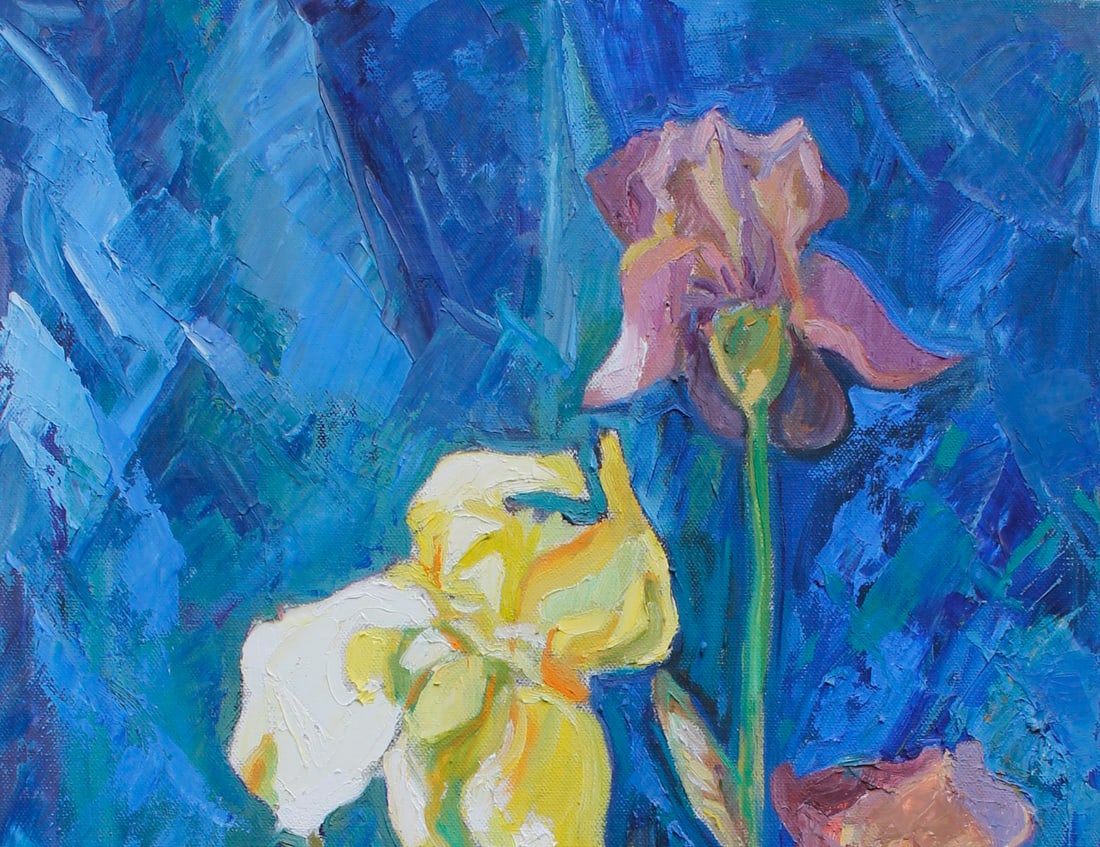 Oil painting Irises on a blue background Maria Voloschak - 2