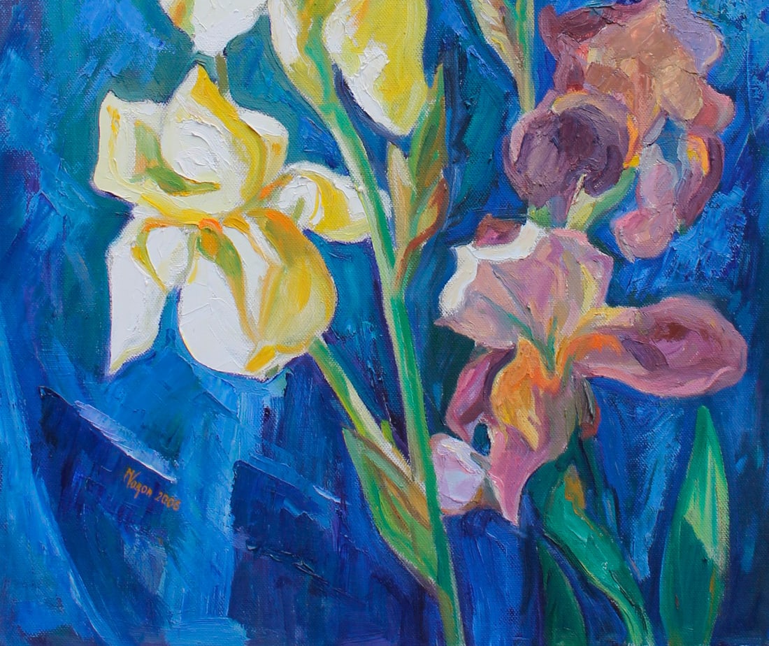 Oil painting Irises on a blue background Maria Voloschak - 3