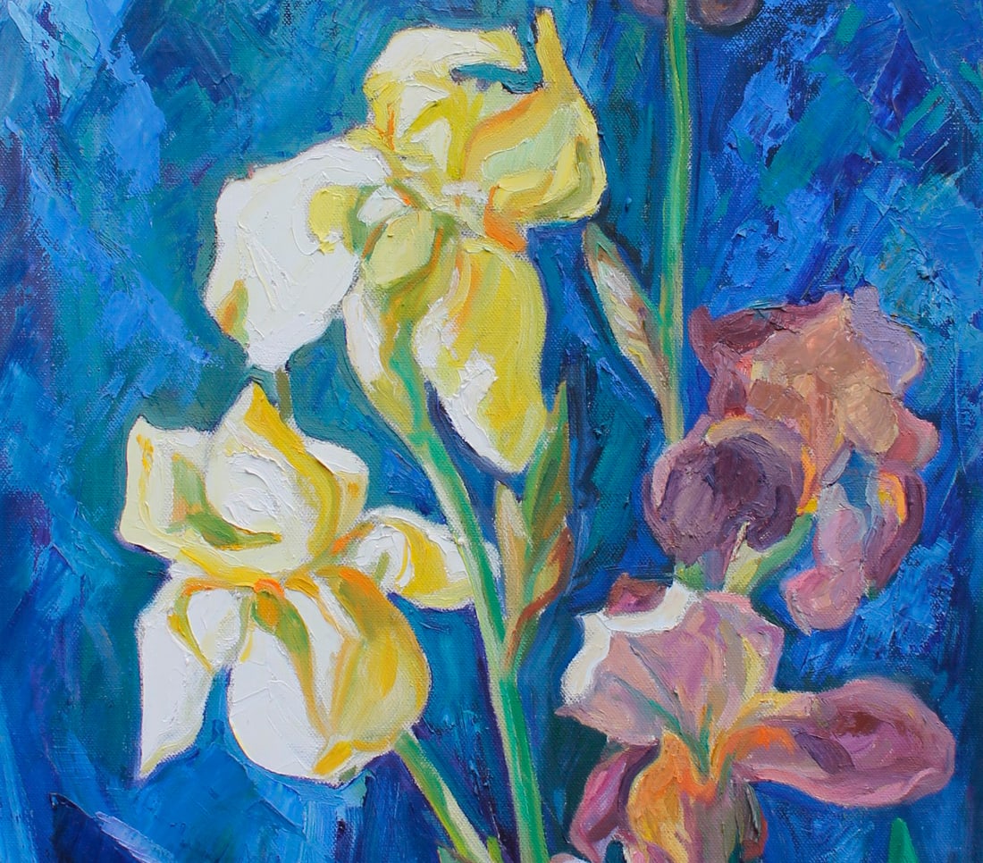 Oil painting Irises on a blue background Maria Voloschak - 4