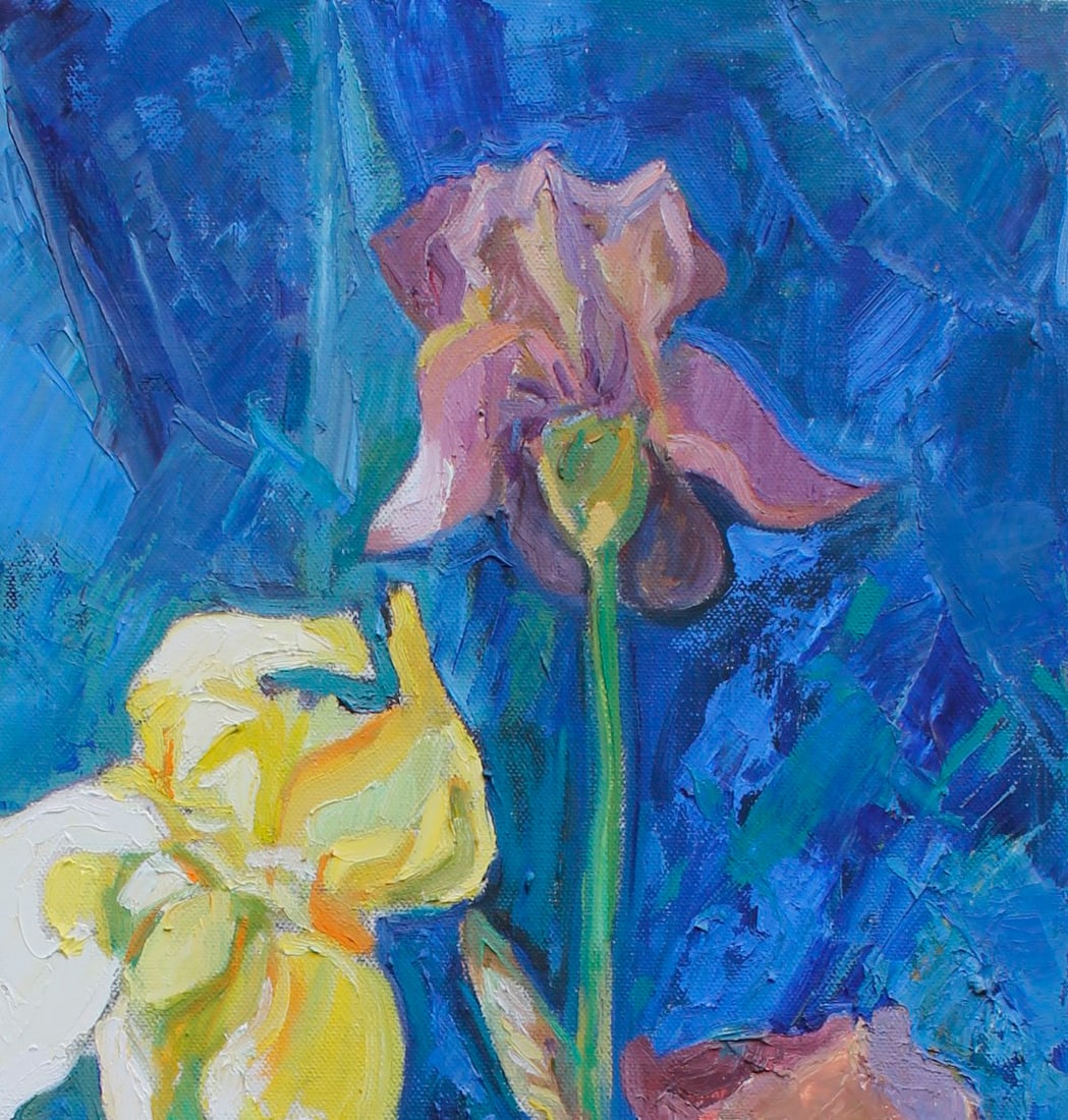 Oil painting Irises on a blue background Maria Voloschak - 5