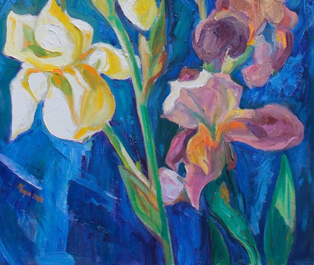 Oil painting Irises on a blue background Maria Voloschak - 6