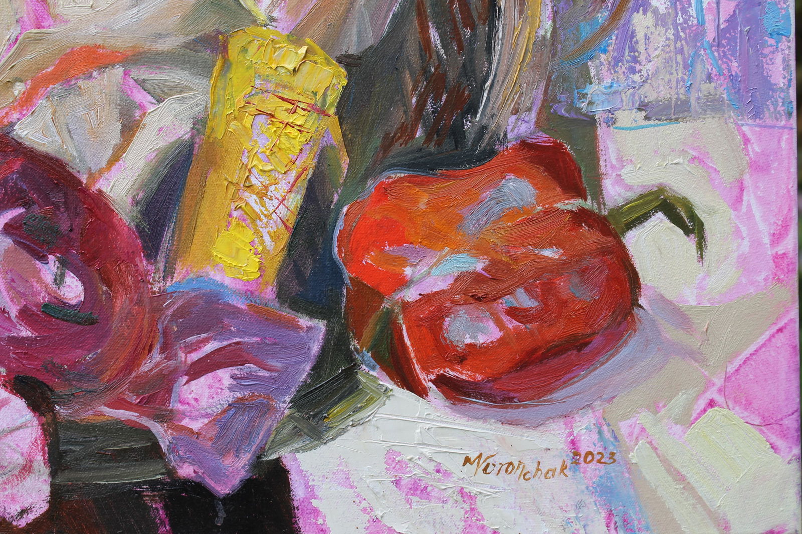 Oil acrylic painting Still life with a basket Maria Voloschak: Title: Oil acrylic painting Still life with a basket Maria Voloschak Description: 15Vor Painter: Maria Voloschak Size: 40x50 cm/15,75x19,68 inches Components: oil, acrylic, canvas Original painting