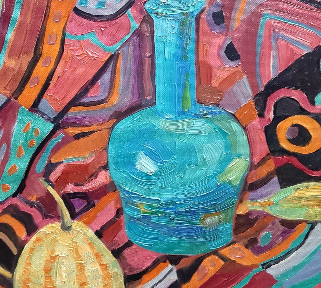 Abstract Oil painting Blue bottle and pumpkin Tetyana Shulyak - 3