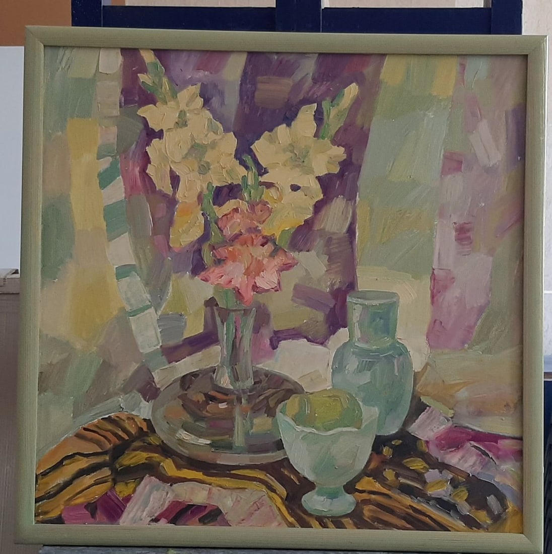 Abstract Oil painting Still life with gladioli Tetyana Shulyak: Title: Abstract Oil painting Still life with gladioli Tetyana Shulyak Description: 31Sl Painter: Tetyana Shulyak Size: 59x59cm/23,23x23,23 inches Components: oil, canvas Original painting from our col