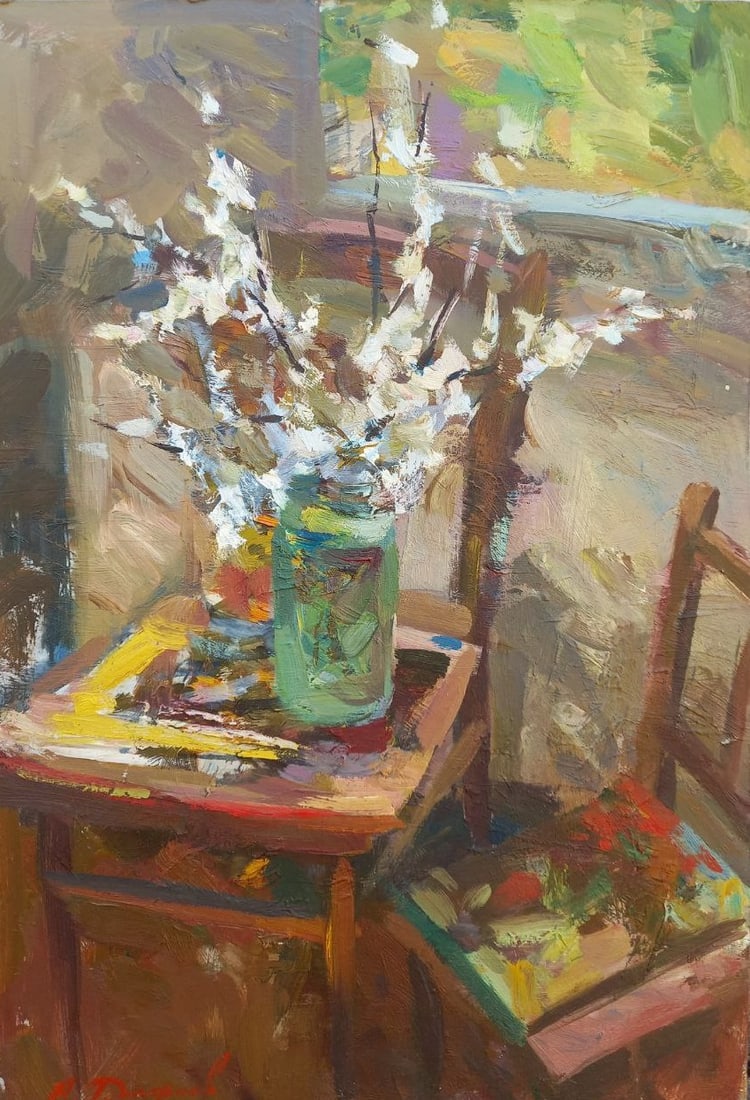 Oil painting Cherry blossoms Alex Ditriev: Title: Oil painting Cherry blossoms Alex Ditriev Description: 80AD Painter: Alex Ditriev Size: 40.5x60 cm/15.9x23.6 inches Components: oil, cardboard Original painting from our collection ERA: Short i