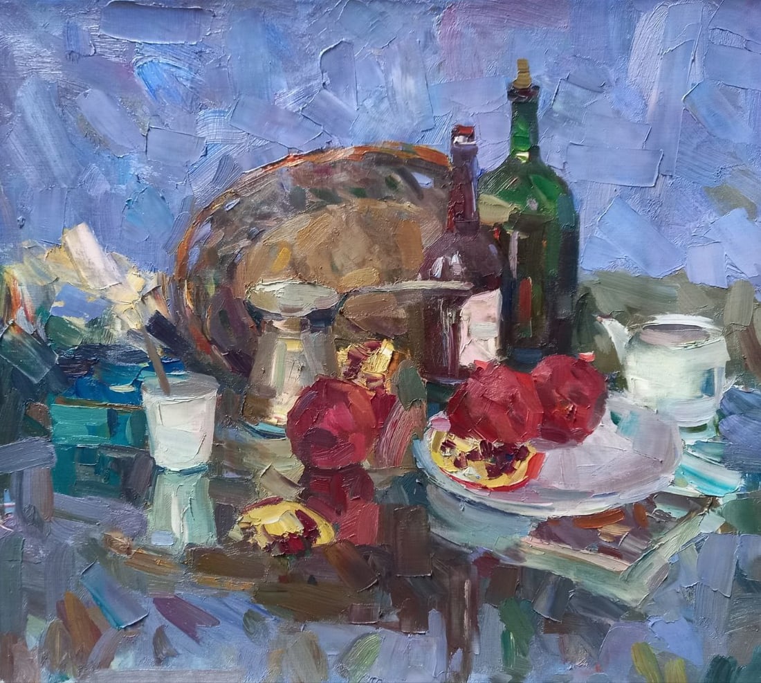 Oil painting Still life with pomegranates Alex Ditriev: Title: Oil painting Still life with pomegranates Alex Ditriev Description: 203AD Painter: Alex Ditriev Size: 70x80 cm/ 27.6x31.5 inches Components: oil, canvas Original painting from our collection ER