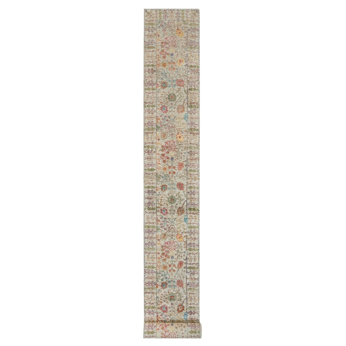 Beige Hand Knotted Directional Vase Design Silk and Wool XL Runner Rug: Title: Beige Hand Knotted Directional Vase Design Silk and Wool XL Runner RugDescription: This is a truly genuine one-of-a-kind. It has been Knotted for months and months in the centuries-old weaving