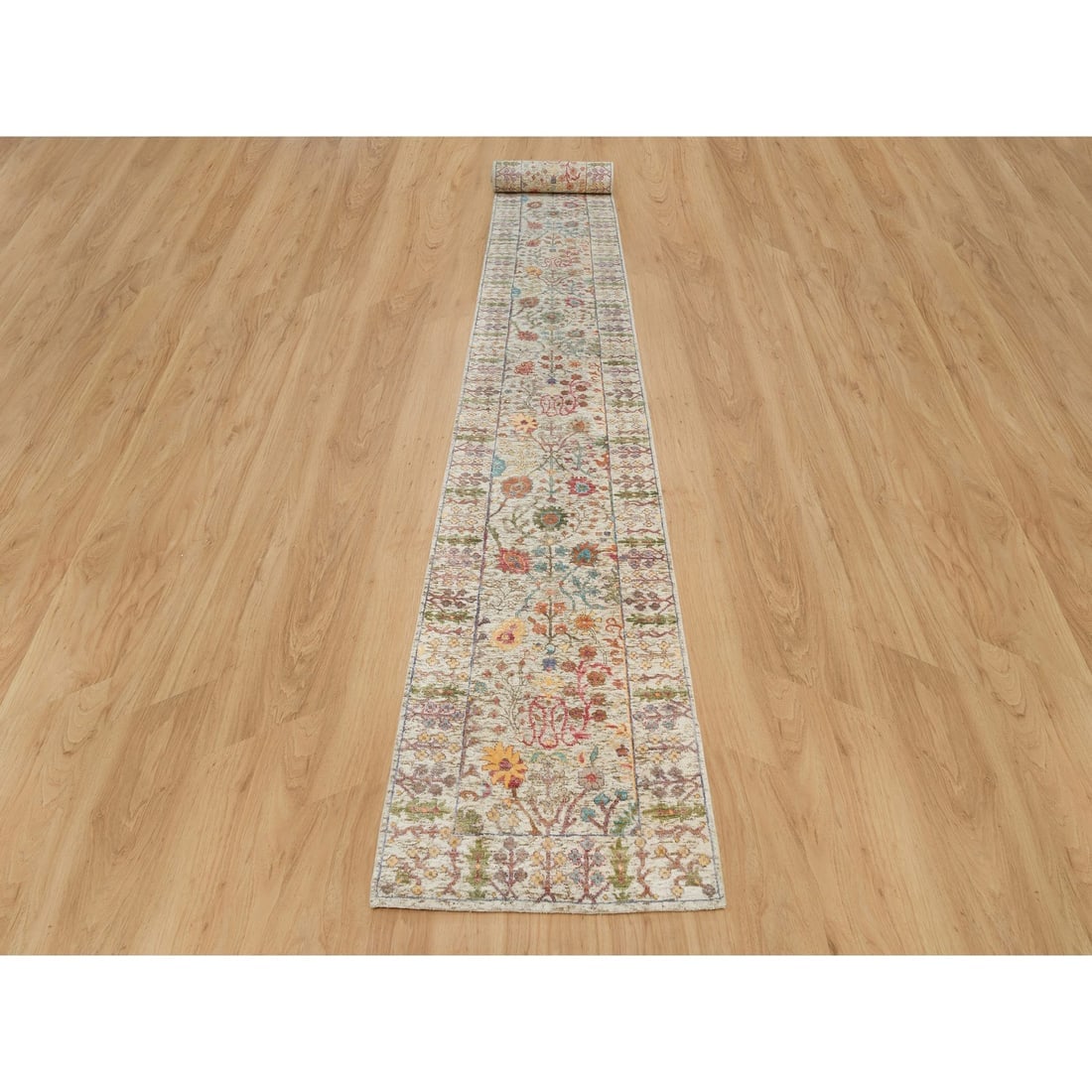 Beige Hand Knotted Directional Vase Design Silk and Wool XL Runner Rug - 2