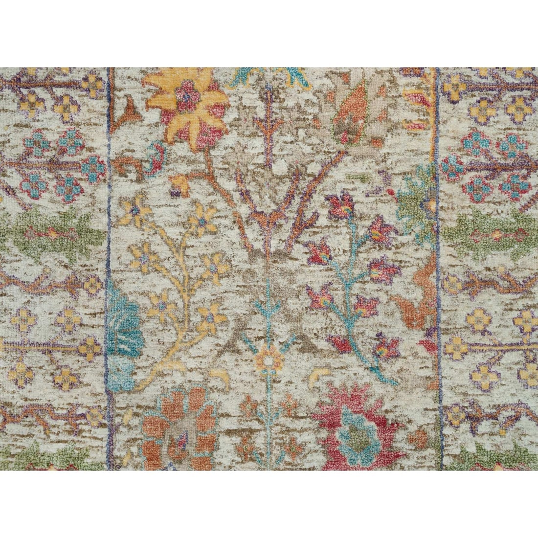 Beige Hand Knotted Directional Vase Design Silk and Wool XL Runner Rug - 5
