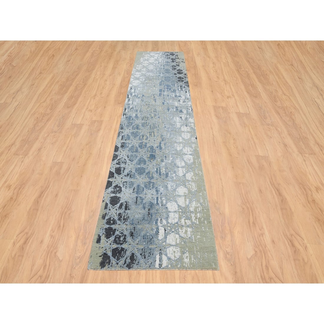 Gray, THE HONEYCOMB Design, Hand Knotted Wool and Silk Runner Rug - 2