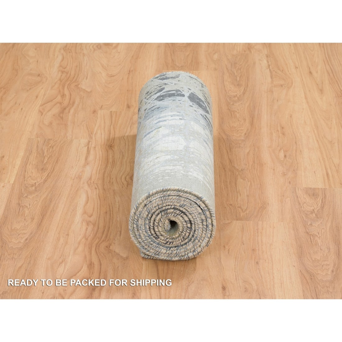 Gray, THE HONEYCOMB Design, Hand Knotted Wool and Silk Runner Rug - 6