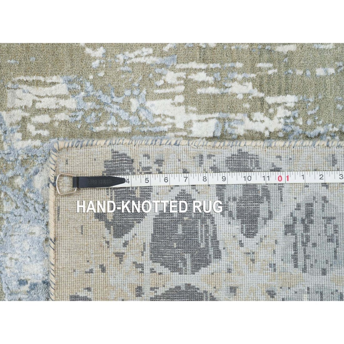 Gray, THE HONEYCOMB Design, Hand Knotted Wool and Silk Runner Rug - 8