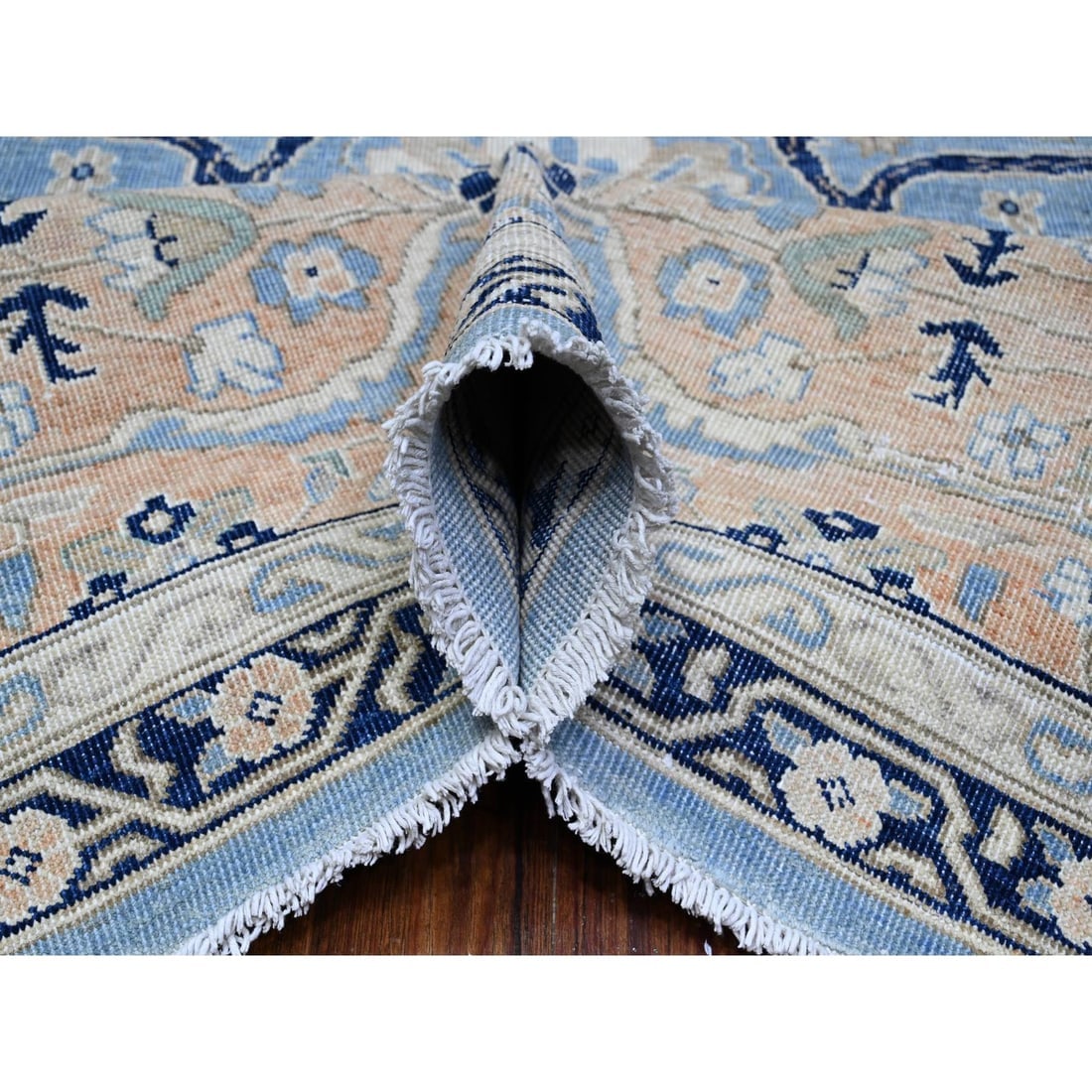Jeans Blue Heriz Flower Medallion Design 100% Wool Hand Knotted Rug - 5