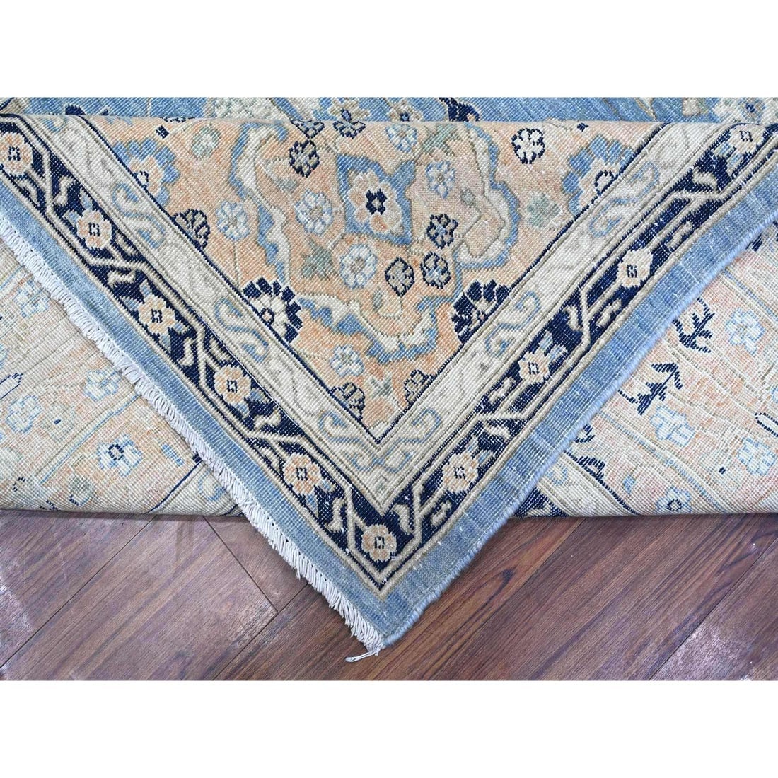 Jeans Blue Heriz Flower Medallion Design 100% Wool Hand Knotted Rug - 6