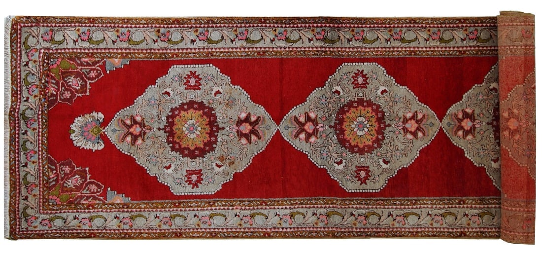 Handmade vintage Turkish Oushak runner 3.6' x 11.1' (110cm x 340cm) 1940s - 2