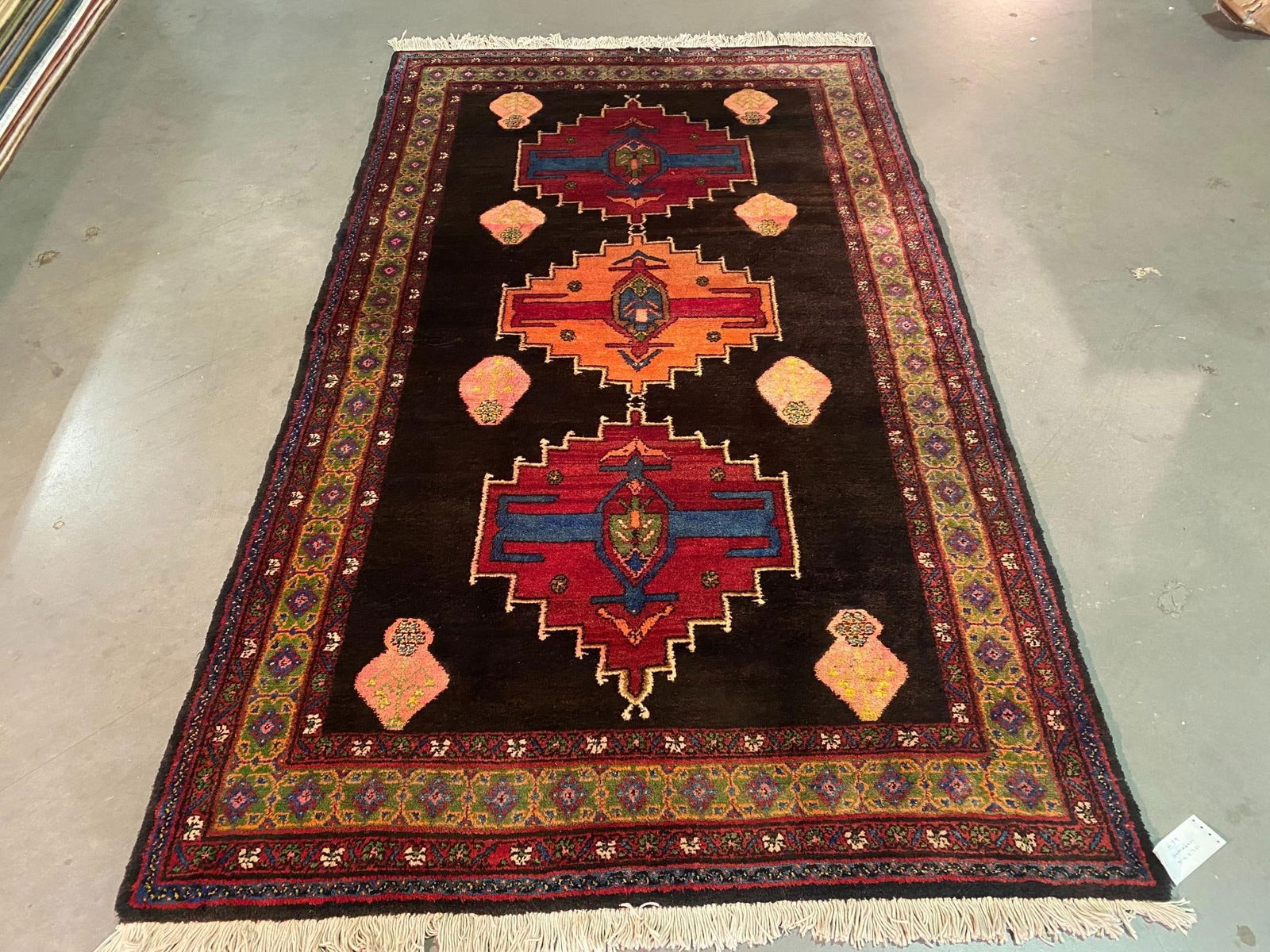 Unique Persian Hamedan Rug 5.4x8': Title:Unique Persian Hamedan Rug 5.4x8' Description:Magnificent. Fine Persian Hamedan wool rug, One of a Kind and very unique design in Black, red, gold and multi other accent colors, vege dye natural