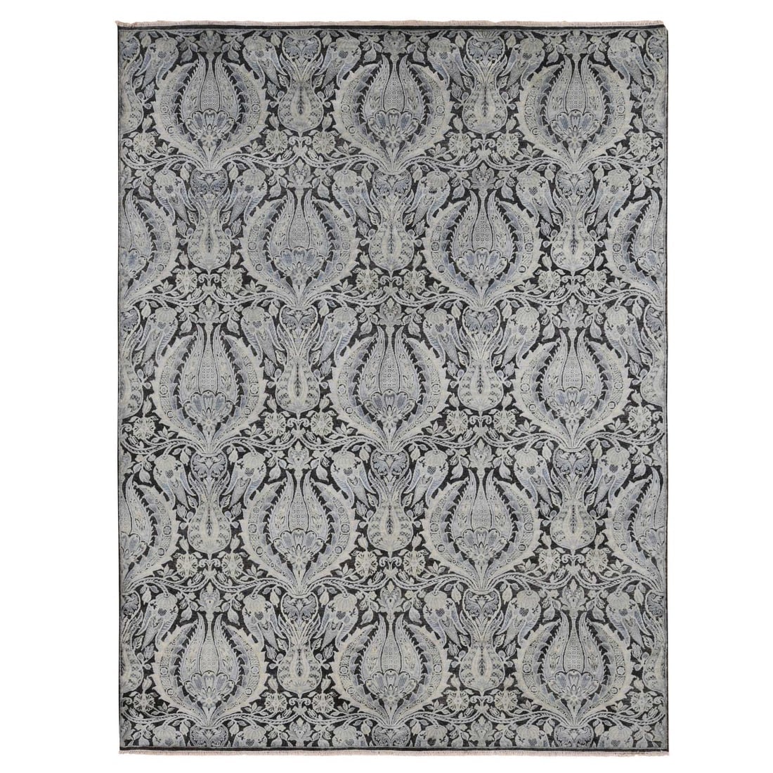 Goose Gray, Pure Silk with Wool, Tulip Flower Design, Hand Knotted Rug: Title: Goose Gray, Pure Silk with Wool, Tulip Flower Design, Hand Knotted Rug Description: This is a truly genuine one-of-a-kind. It has been Knotted for months and months in the centuries-old weaving