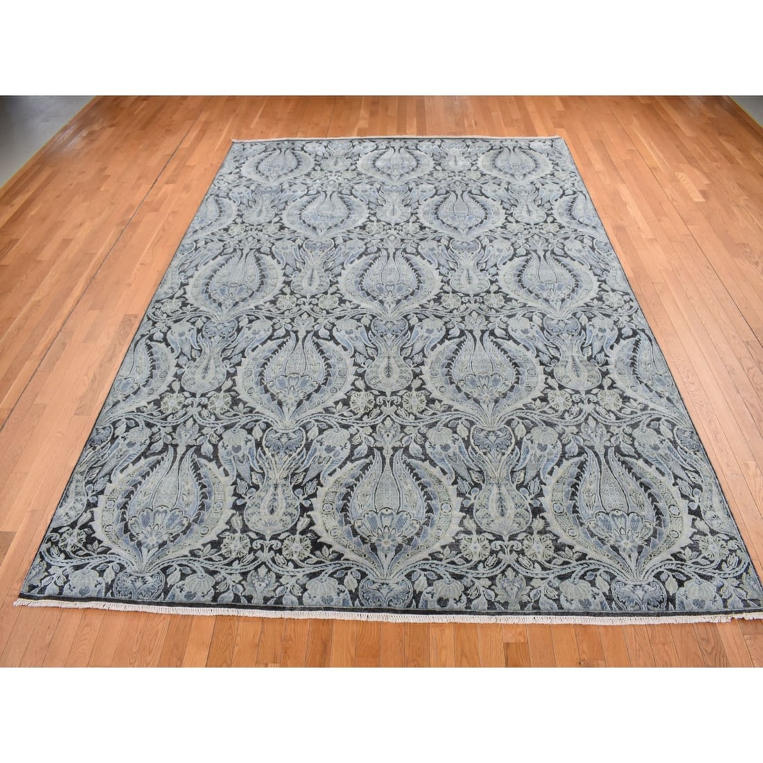 Goose Gray, Pure Silk with Wool, Tulip Flower Design, Hand Knotted Rug - 2