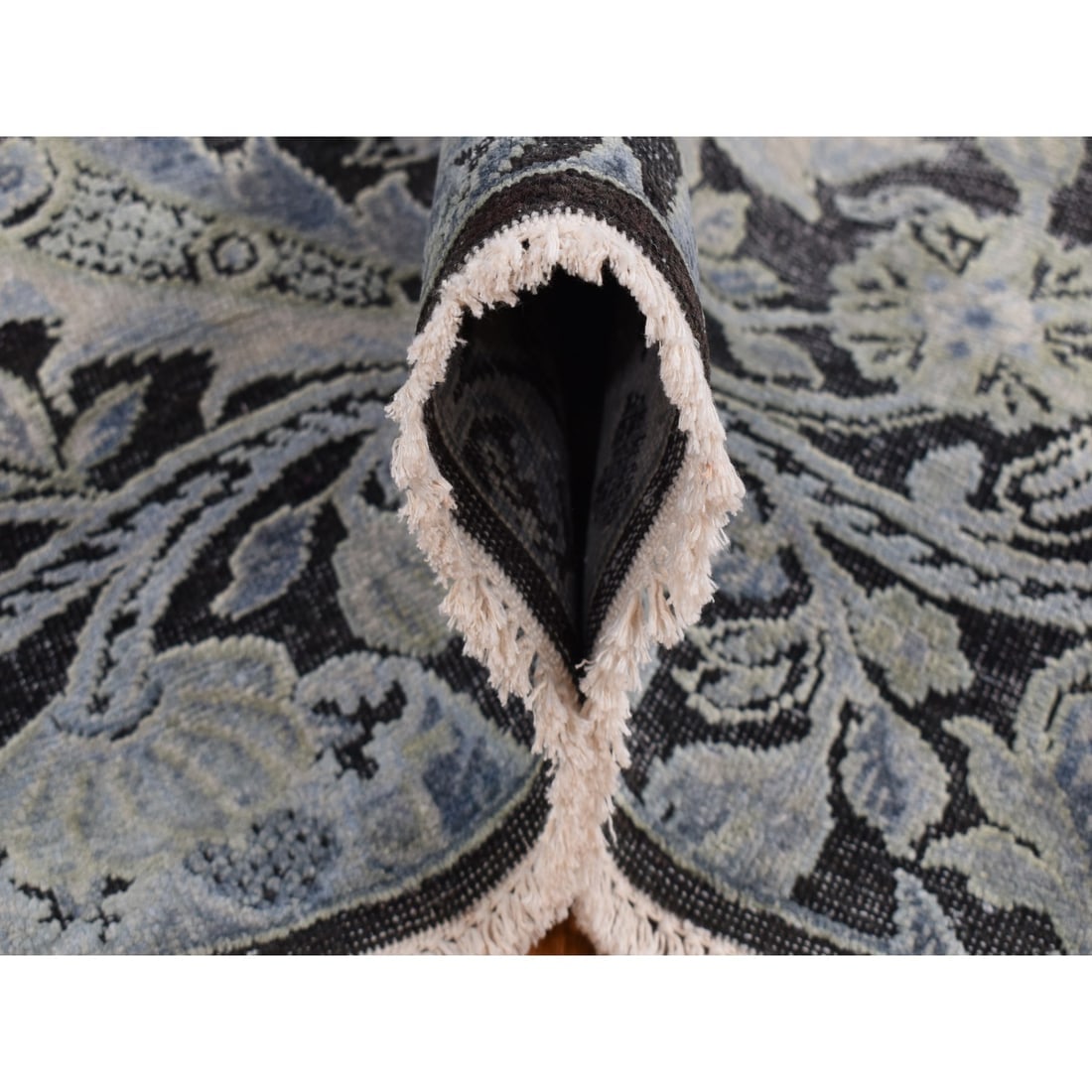 Goose Gray, Pure Silk with Wool, Tulip Flower Design, Hand Knotted Rug - 6