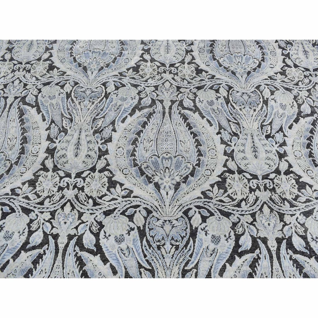 Goose Gray, Pure Silk with Wool, Tulip Flower Design, Hand Knotted Rug - 8