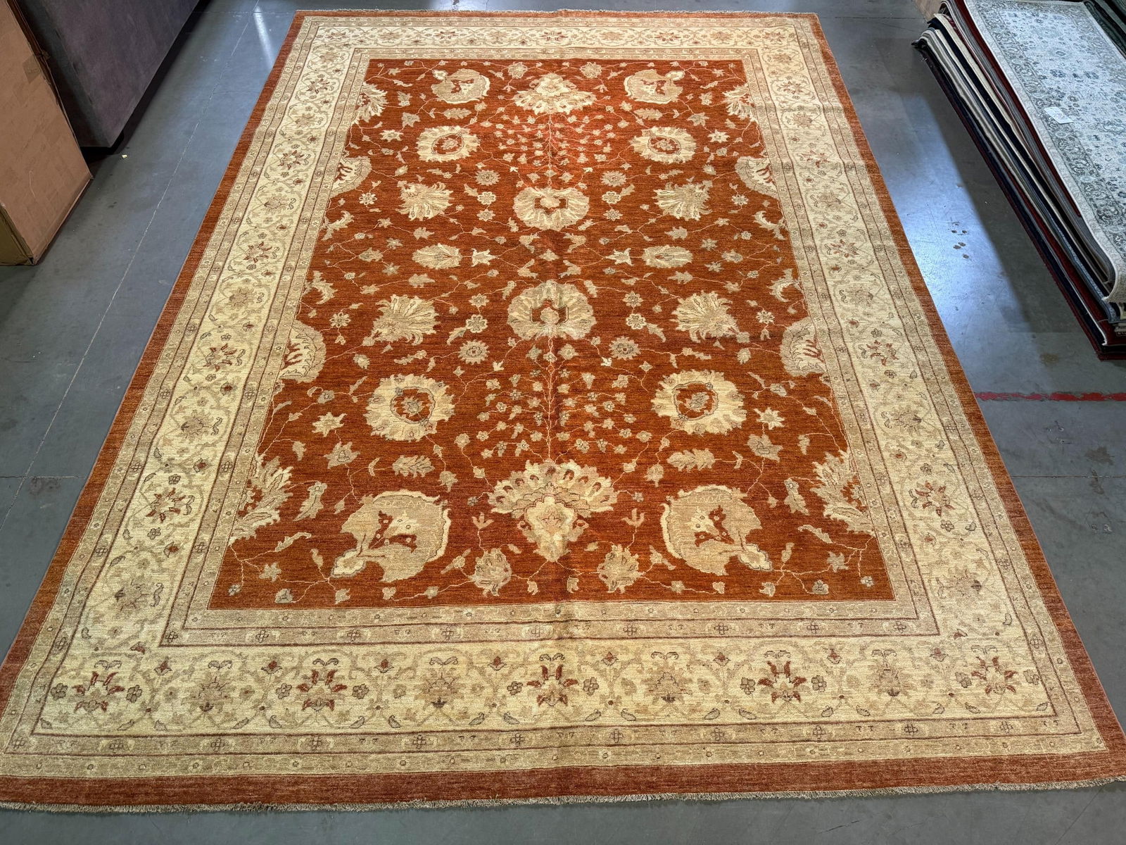 Fine Zighler Rug 10x14: Title:Fine Zighler Rug 10x14Description:10x14 Oversize Fine Zighler (peshawar) Rug, hand spun and hand knotted rug in Pakistan 100% Vegge Dye natural wool with beautiful High Sheen Pile , in Rust,