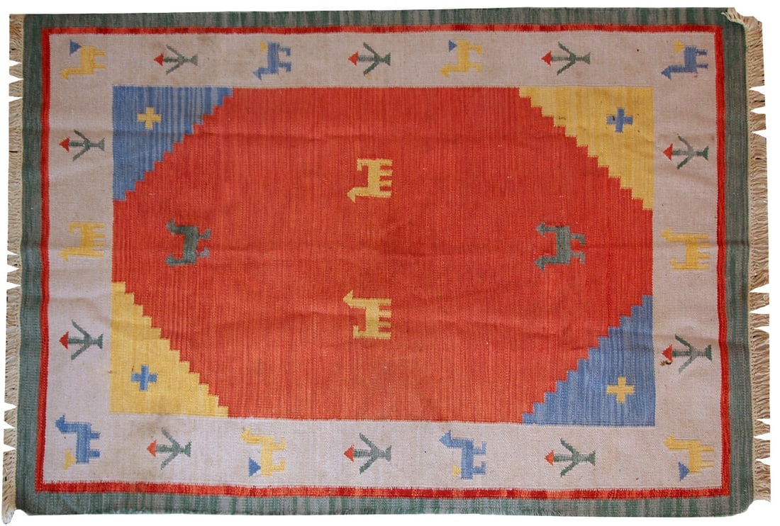 Handmade vintage Persian Gabbeh kilim 5.6' x 7.5' (171cm x 229cm) 1960s - 2