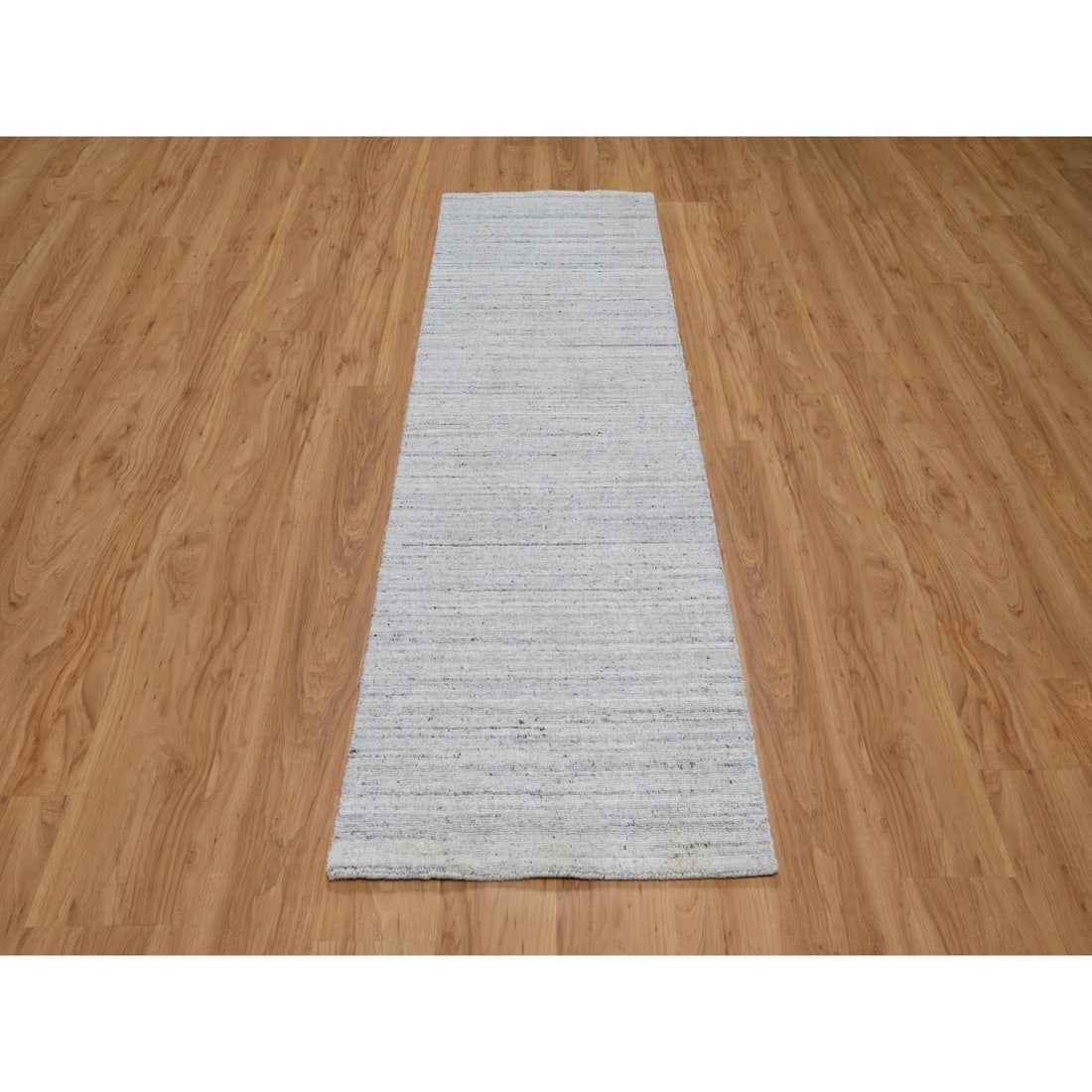 White Soft Pile Plain Modern Striae Design Hand Loomed Wool Runner Rug - 2