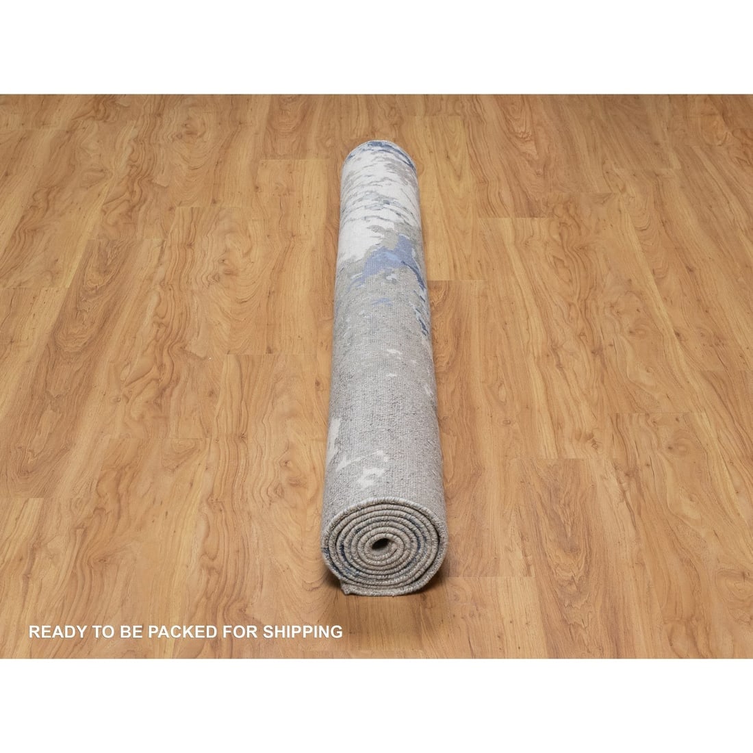 Blue with Ivory Hand Knotted Abstract Design Wool & Silk Oriental Rug - 9