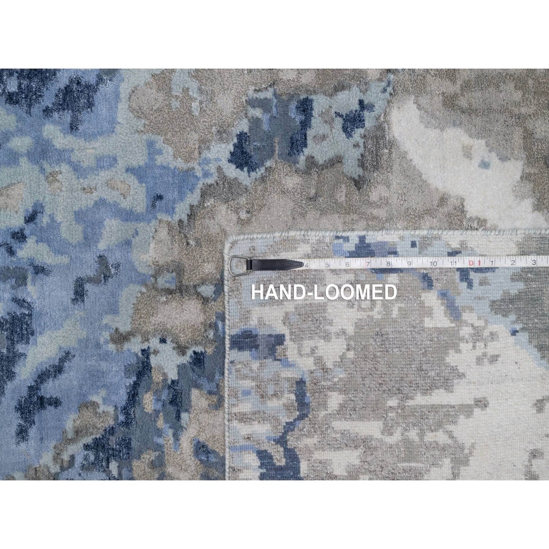 Blue with Ivory Hand Knotted Abstract Design Wool & Silk Oriental Rug - 11