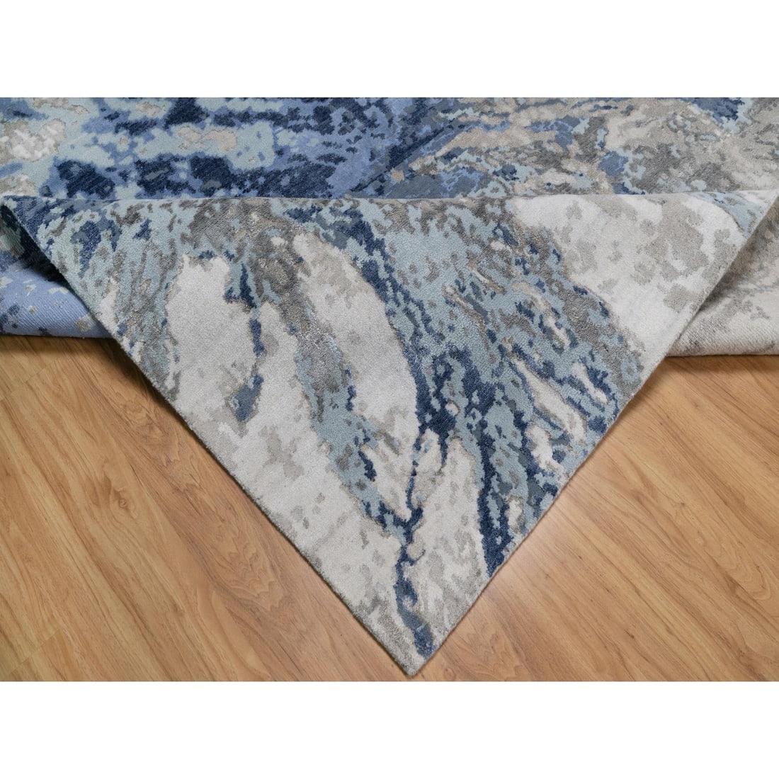 Blue with Ivory Hand Knotted Abstract Design Wool & Silk Oriental Rug - 6