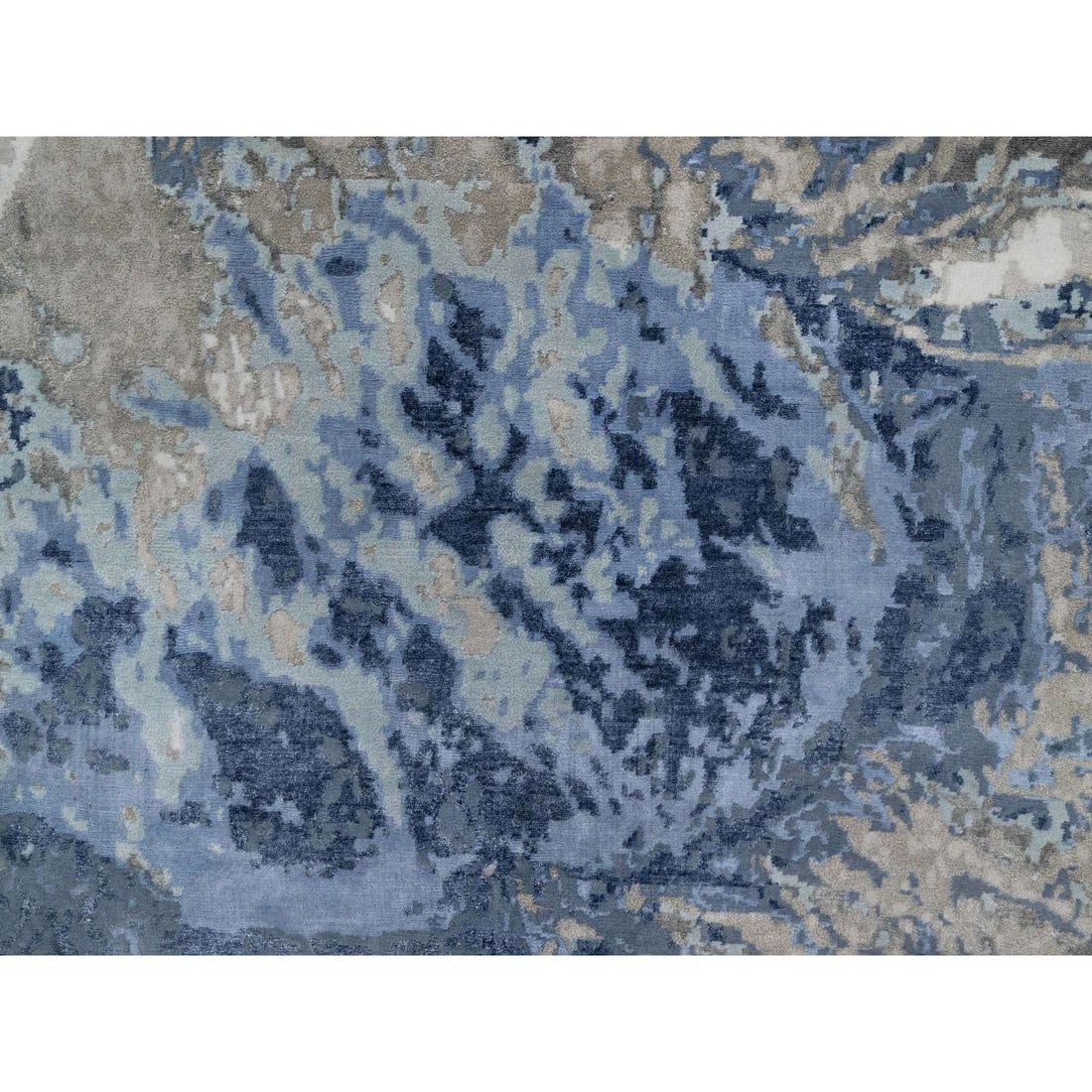 Blue with Ivory Hand Knotted Abstract Design Wool & Silk Oriental Rug - 8