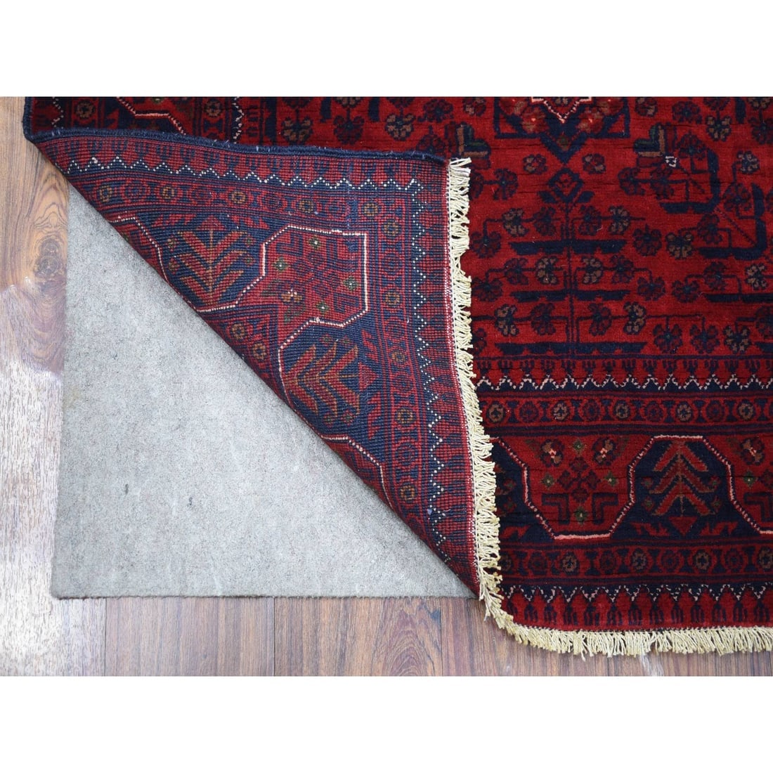 Deep and Saturated Red, Afghan Khamyab Shiny Wool Hand Knotted Rug - 2