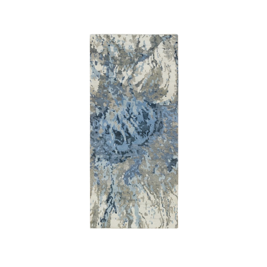 Gray and Blue, Abstract Design, Wool and Silk Hand Knotted Runner Rug: Title: Gray and Blue, Abstract Design, Wool and Silk Hand Knotted Runner RugDescription: This is a truly genuine one-of-a-kind. It has been Knotted for months and months in the centuries-old weaving