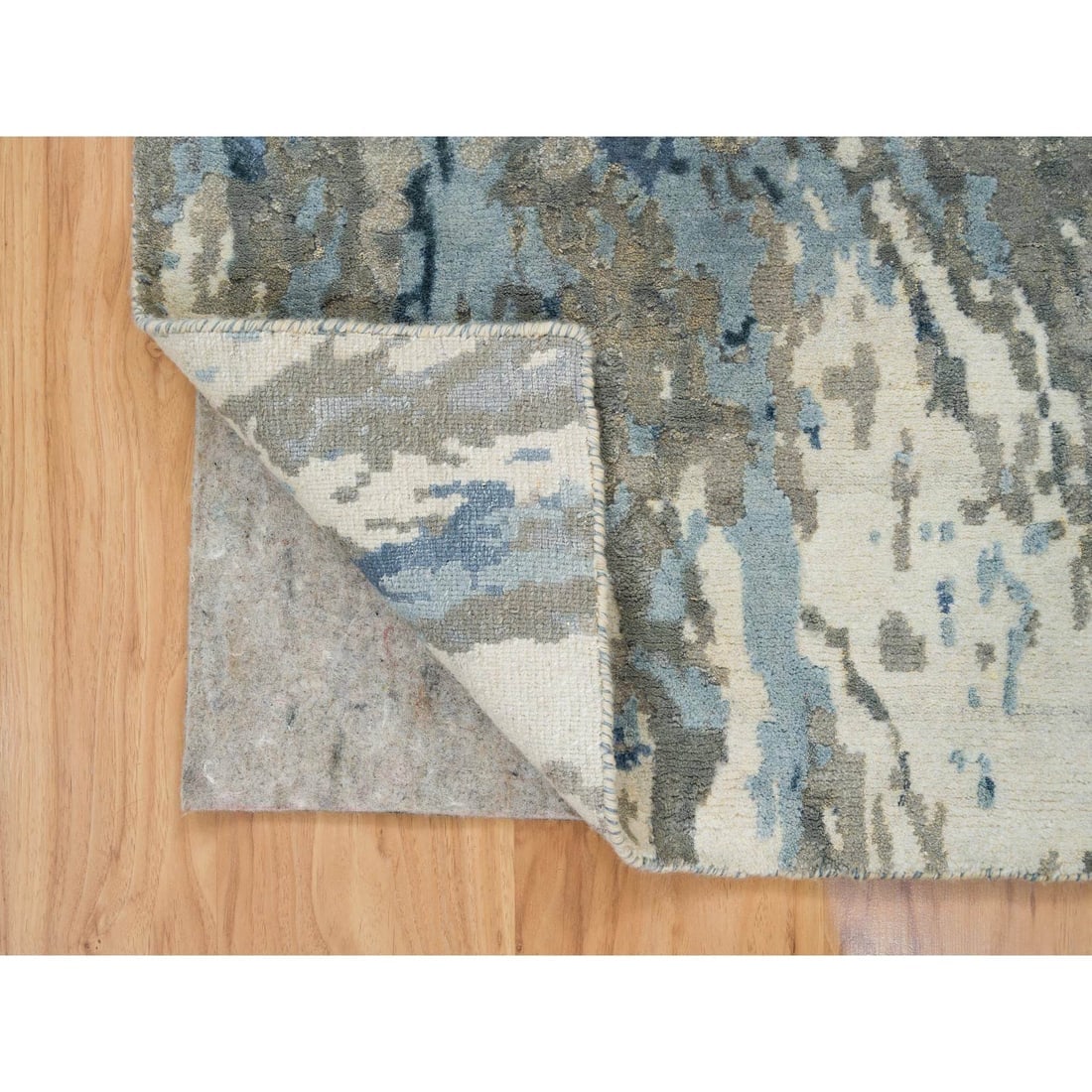 Gray and Blue, Abstract Design, Wool and Silk Hand Knotted Runner Rug - 3