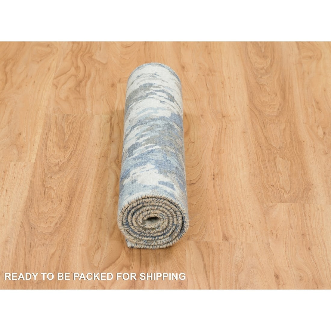 Gray and Blue, Abstract Design, Wool and Silk Hand Knotted Runner Rug - 6