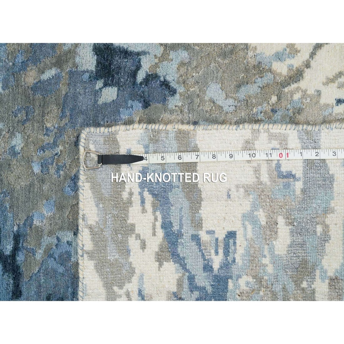 Gray and Blue, Abstract Design, Wool and Silk Hand Knotted Runner Rug - 8