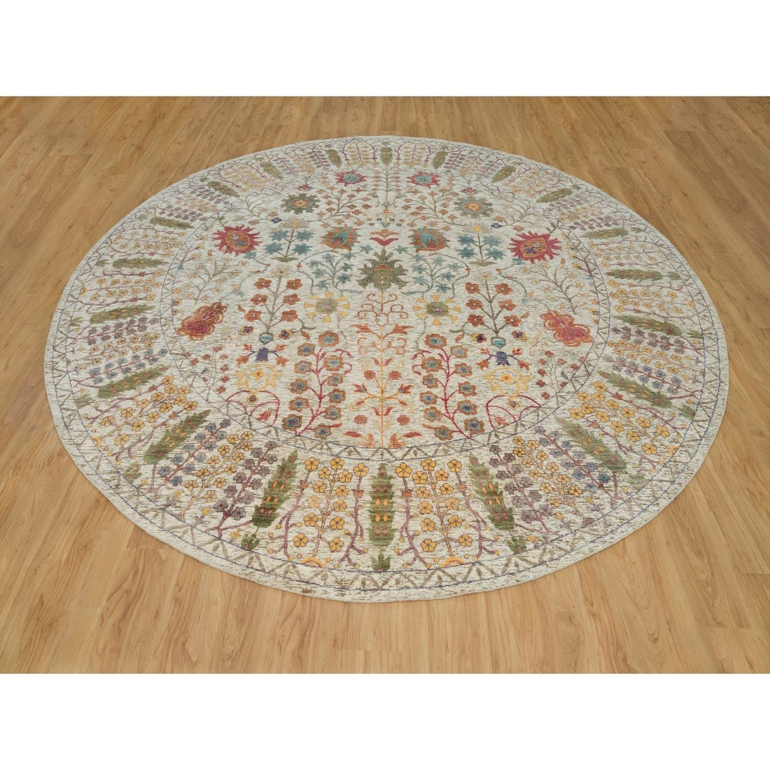 Linen Beige Wool and Silk Directional Hand Knotted Oriental Round Rug - 2