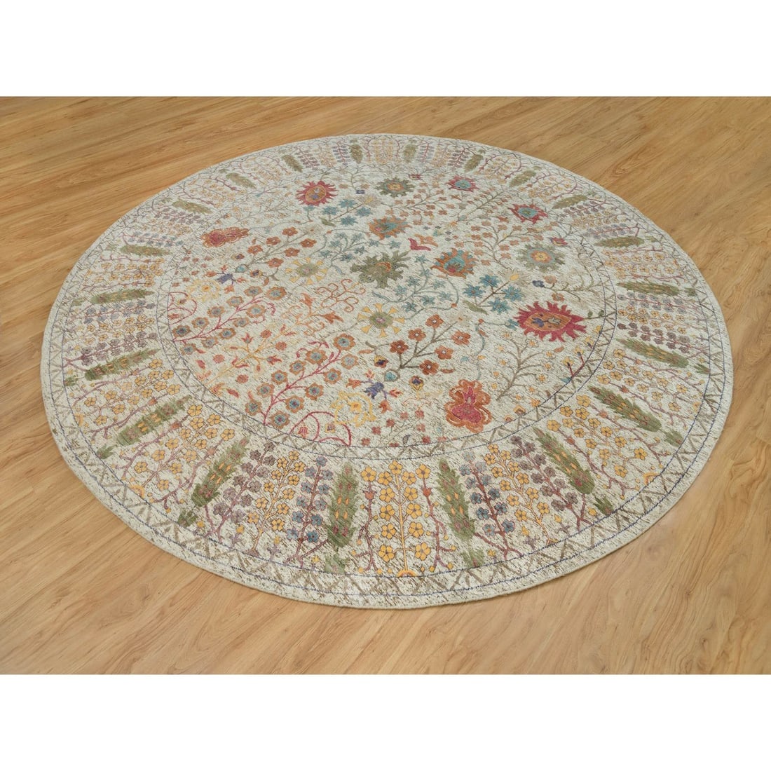 Linen Beige Wool and Silk Directional Hand Knotted Oriental Round Rug - 3