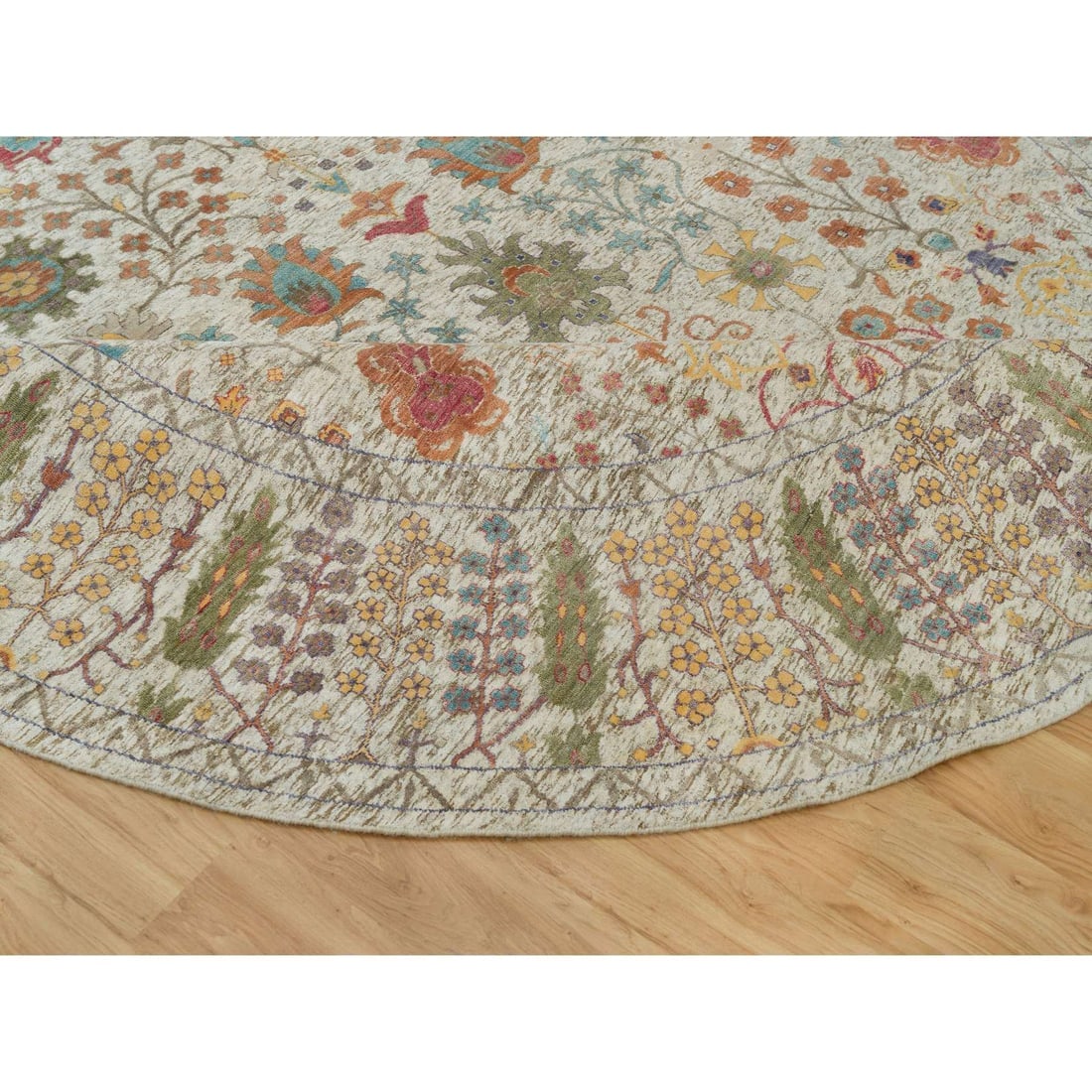 Linen Beige Wool and Silk Directional Hand Knotted Oriental Round Rug - 6