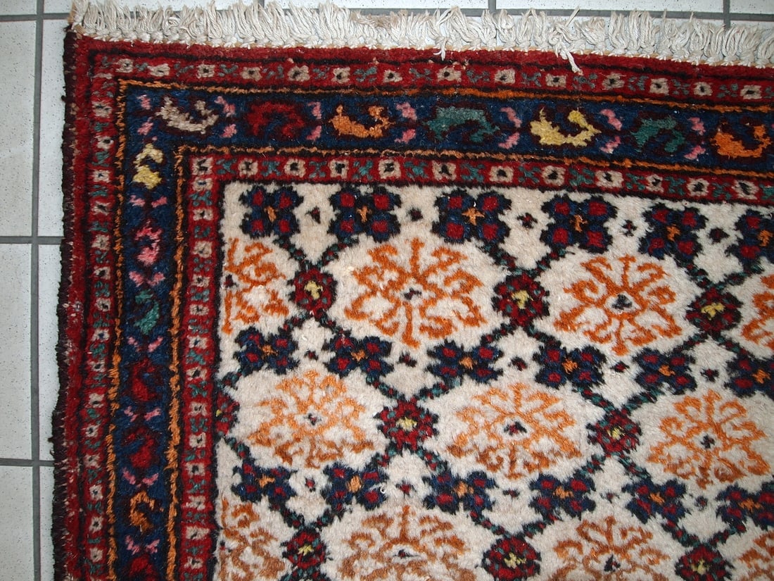 Handmade vintage Persian Hamadan runner 2.6' x 6.8' ( 80cm x 207cm ) 1960s - 3