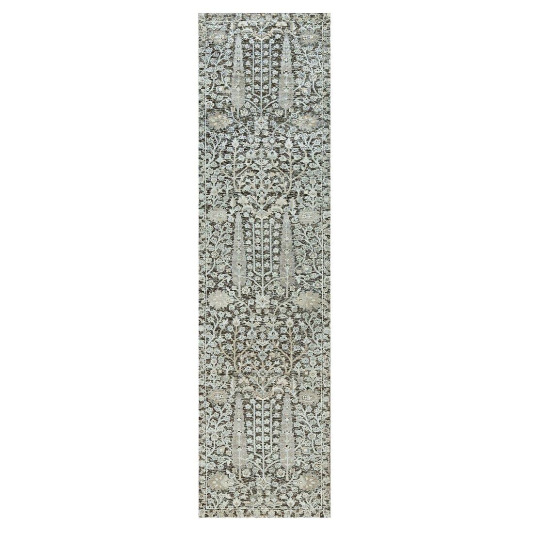 Gauntlet Gray Hand Knotted Silk and Wool Willow and Cypress Tree Rug: Title: Gauntlet Gray Hand Knotted Silk and Wool Willow and Cypress Tree Rug Description: This is a truly genuine one-of-a-kind. It has been Knotted for months and months in the centuries-old weaving c