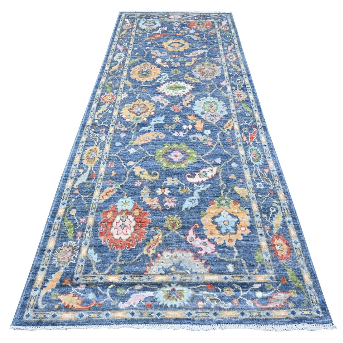 Steel Blue Afghan Angora Oushak Wide Gallery Oriental Runner Rug: Title: Steel Blue Afghan Angora Oushak Wide Gallery Oriental Runner Rug Description: This is a truly genuine one-of-a-kind. It has been Knotted for months and months in the centuries-old weaving craft