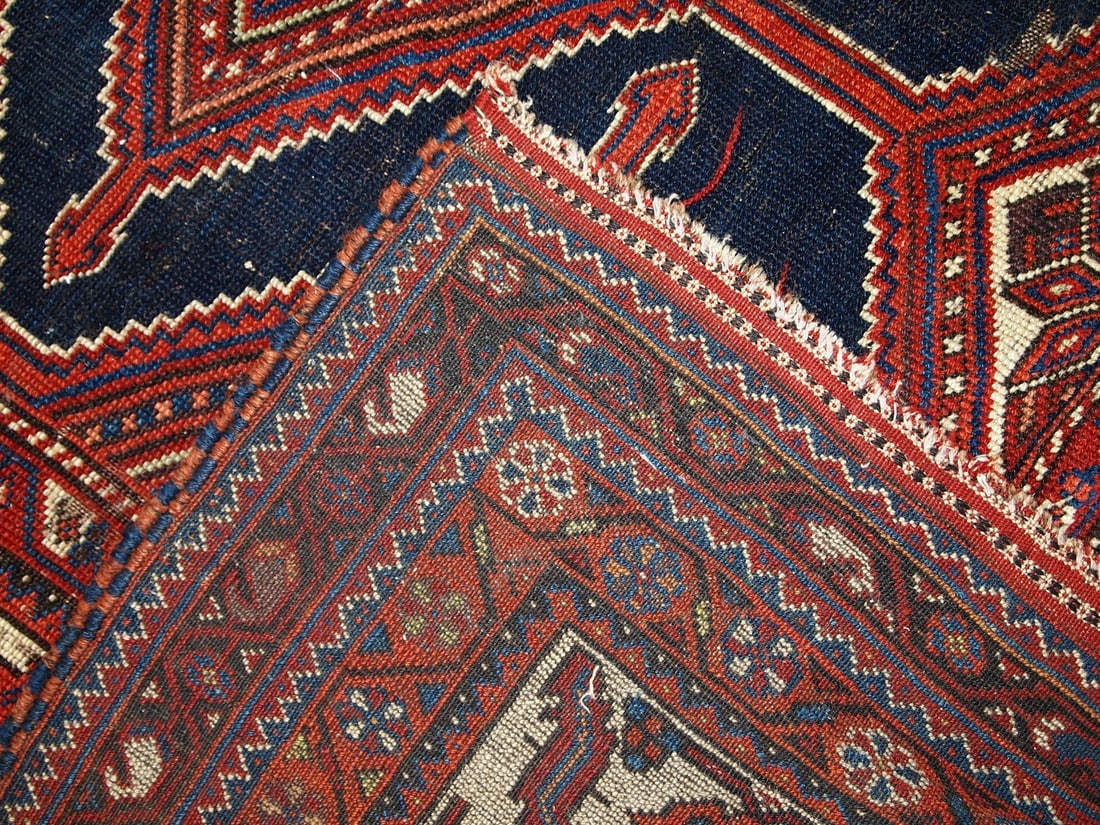 Handmade antique distressed Persian Shiraz rug 4.9' x 11.2' (152cm x 342cm) 1900s - 19