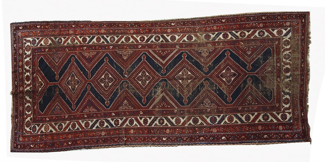 Handmade antique distressed Persian Shiraz rug 4.9' x 11.2' (152cm x 342cm) 1900s (1 of 20)