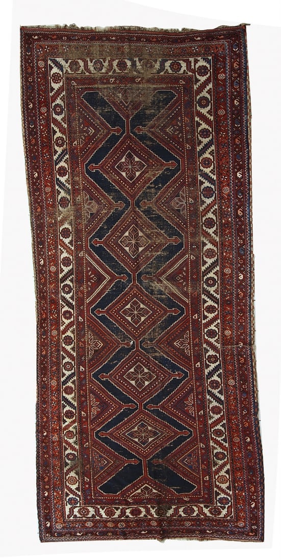 Handmade antique distressed Persian Shiraz rug 4.9' x 11.2' (152cm x 342cm) 1900s - 3
