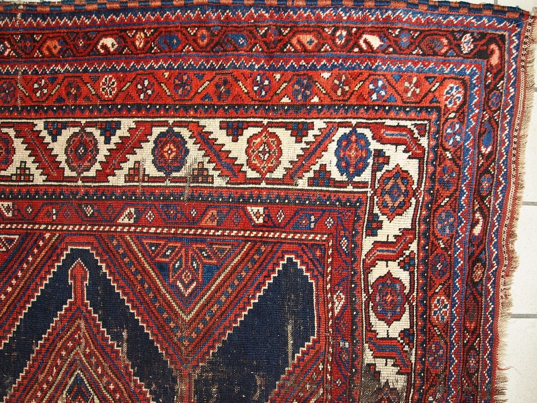 Handmade antique distressed Persian Shiraz rug 4.9' x 11.2' (152cm x 342cm) 1900s - 6