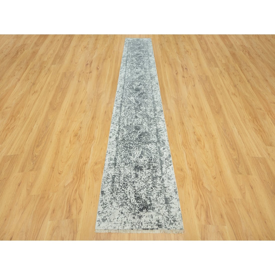 Gray Zoroastrian Design Hand Knotted Wool And Silk XL Runner Rug - 2